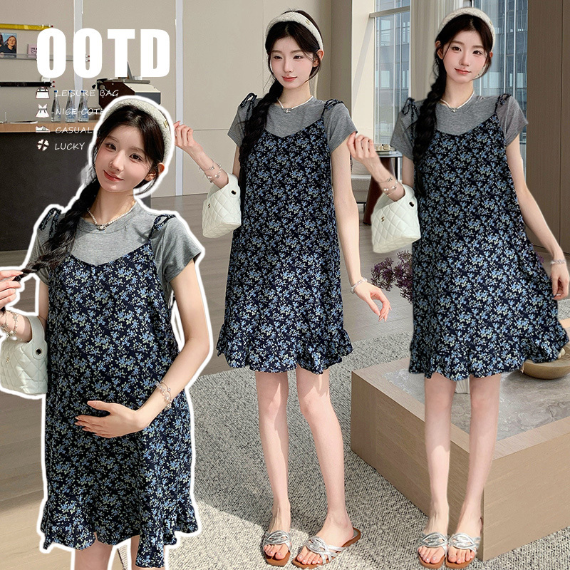 Maternity Summer Short-Sleeve Set 2026 New Style High-End Pregnancy Outfit Age-Reducing Strap Dress Petite Dress