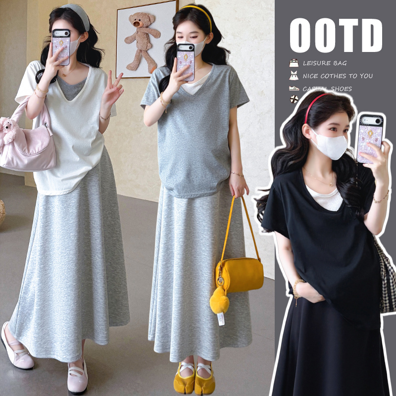 Pregnant Women's Summer Outfit, Korean Style, Fashionable and Age-Reducing Maternity Wear, Short-Sleeved Tops, T-Shirts, Skirts, High-End Outfits for Pregnant Mothers