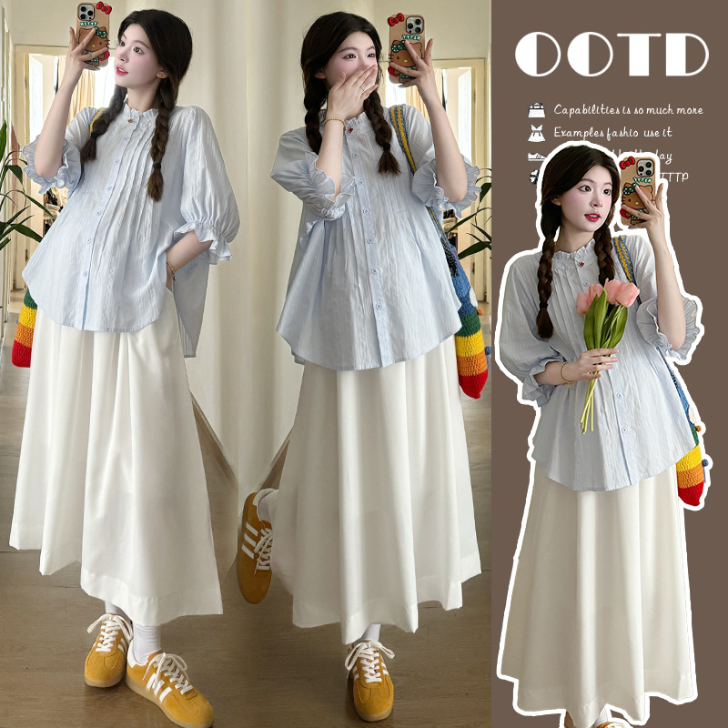 Maternity Spring and Summer Fashionable Outfit 2026 New Stylish Doll Collar Shirt Loose Skirt Two-Piece Set