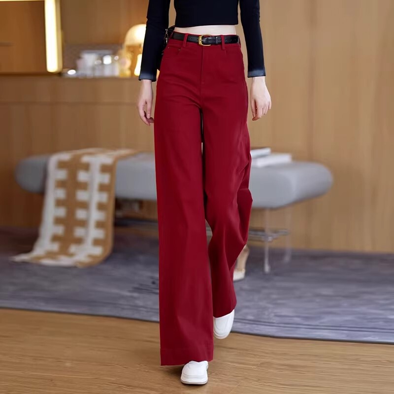 High-End Red Wide-Leg Jeans for Women, 2026 Spring New Style, Washed High-Waisted, Loose Fit, Slimming Straight Pants