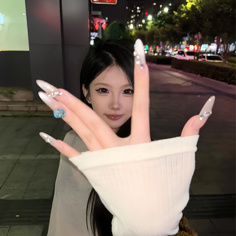 High-End, Complexion-Enhancing Cat-Eye Press-On Nails, 2026 Summer New Style, Colorful Rhinestones, Handmade, Long Pointed Oval Nails, High Quality