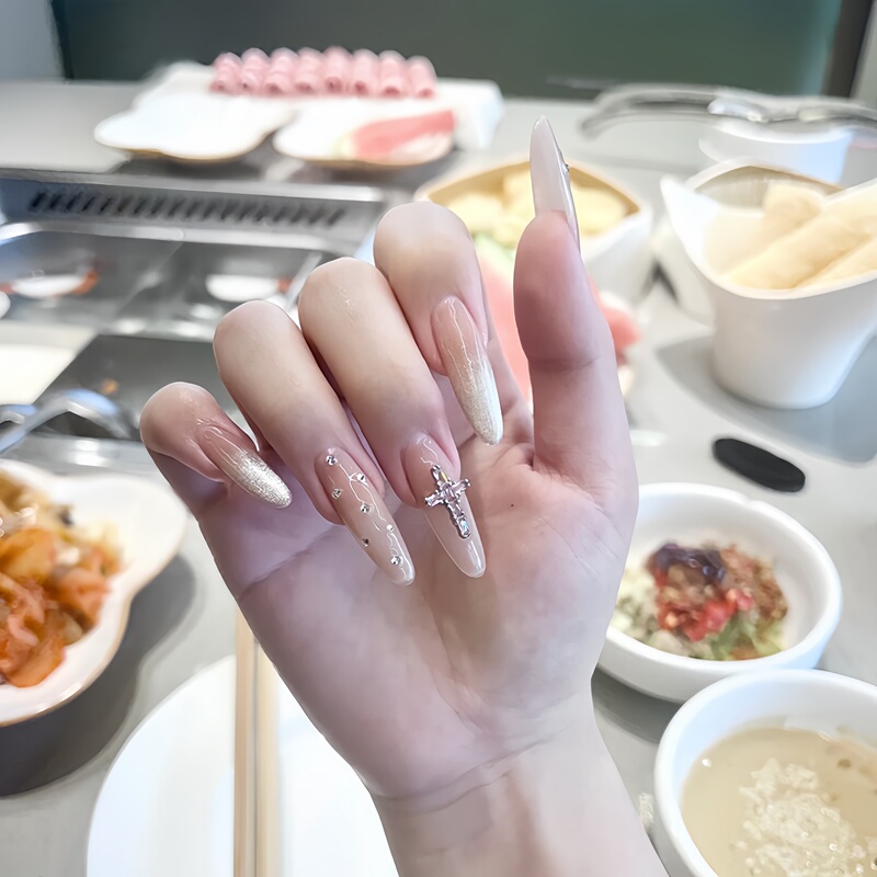 Handmade Wearable Nails 2026 New Nude Gradient Cross Hot Girl High-End Fake Nails with Rhinestones Finished Manicure