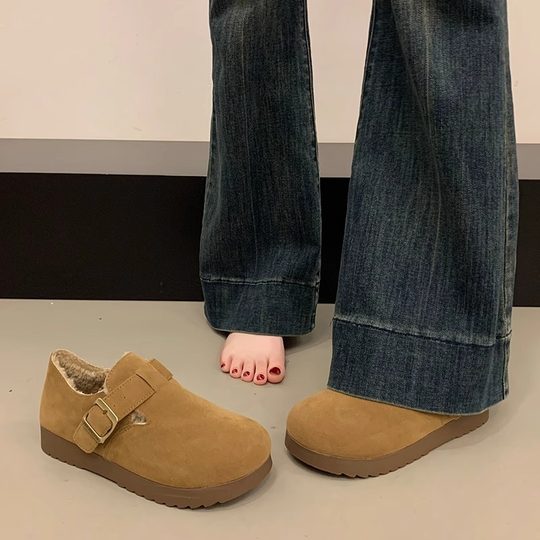 Fleece-Lined Warm Birkenstock Shoes for Women 2025 Autumn and Winter New Retro Thick-Soled Cotton Shoes Slip-On Maternity Full-Wrap Birkenstock Shoes