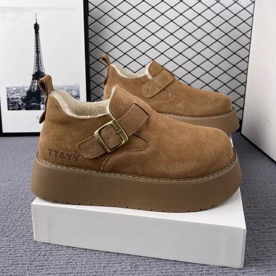 冬季勃肯鞋女厚底增高真皮牛皮加绒加厚毛毛一脚蹬懒人雪地靴棉鞋