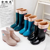 Middle tube rain shoes womens high tube rain boots water shoes non-slip beef tendon bottom thick rubber shoes plus velvet warm short tube waterproof boots summer