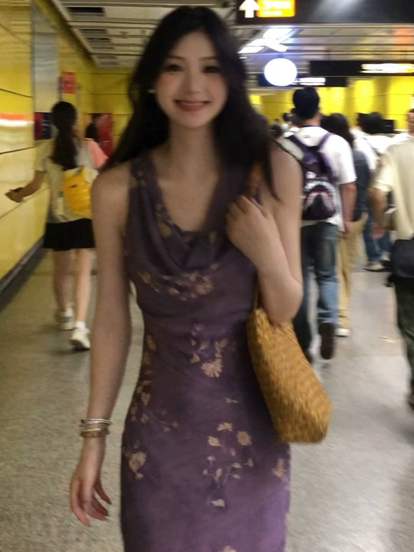 Three Thousand Long Candles [Violet Dream] Purple Floral Slash Neck Slimming Georgette Bias-Cut Long Dress