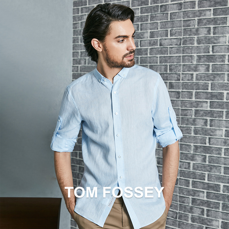 [100% Linen] Mineta Italian Roll-Sleeved Adjustable Sleeve Hem Blue Linen Shirt Imported from Europe