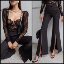 OLASTAGE Australian designer brand RUNAWAY new black high waist slit thin horn trousers