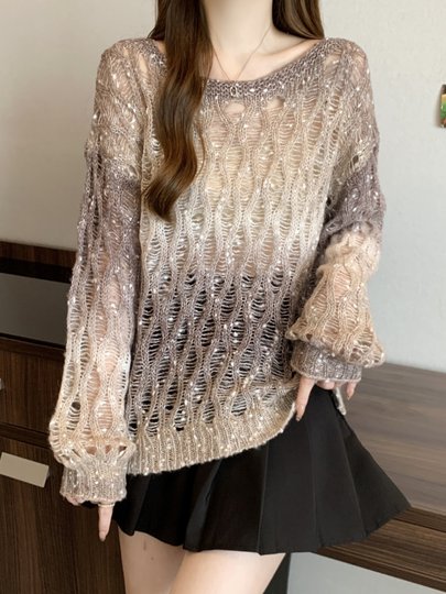 Вязаный свитер Melard с градиентным узором и вырезами для женщин, осенний, больших размеров, уникальная верхняя одежда для полных девушек.