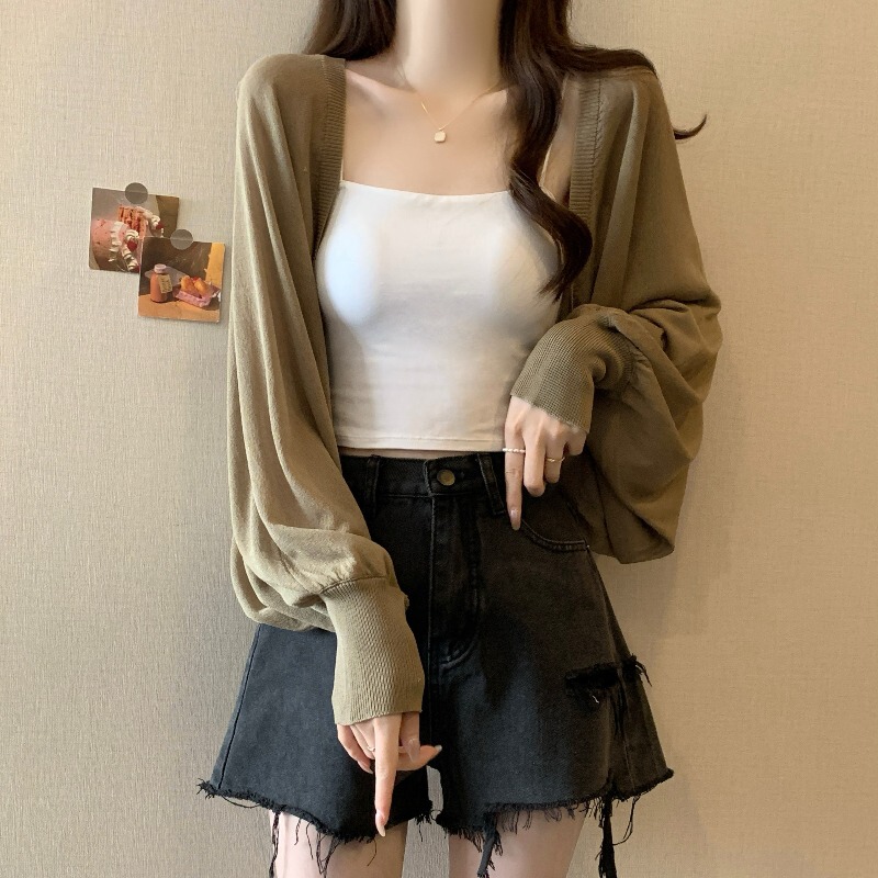 Thin Ice Silk Knit Sun Protection Jacket for Women, New Summer Style, Plus Size, Outerwear Cardigan with Lantern Sleeves