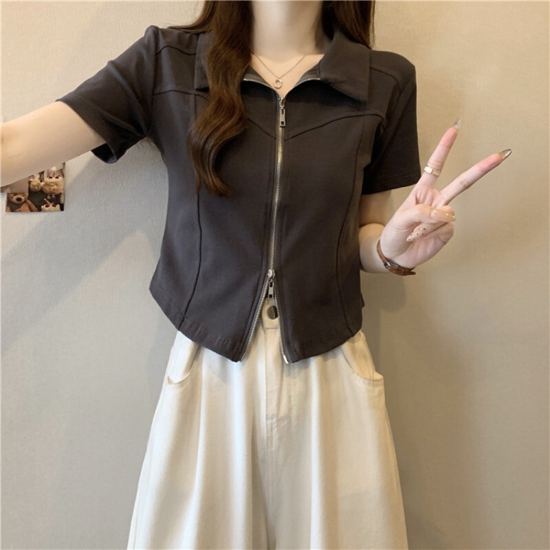 Double Zipper V-Neck Regular Shoulder Short-Sleeve T-Shirt for Women, Summer Plus Size, Unique Polo Shirt, Irregular Fishbone Top