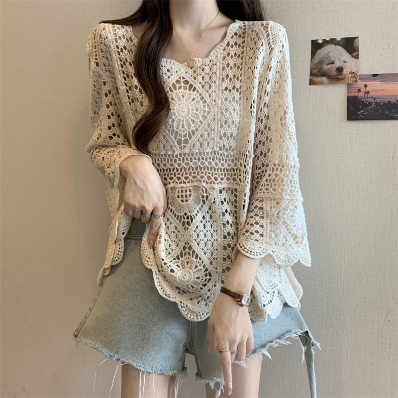 Bohemian Ethnic Style Crochet Hollow-Out Knit Summer Plus-Size Mid-Length Outerwear Blouse with Bell Sleeves