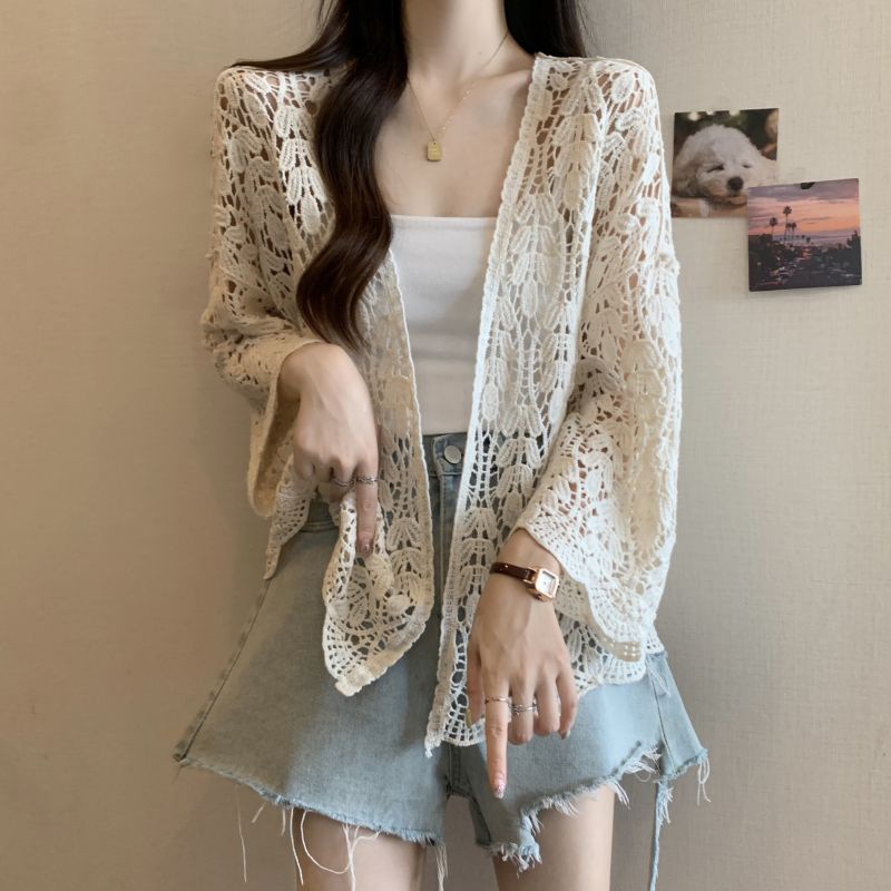 Lace Crochet Hollow-Out Knit Sun Protection Jacket for Women, Summer Plus Size, Bohemian Outerwear Cardigan Top