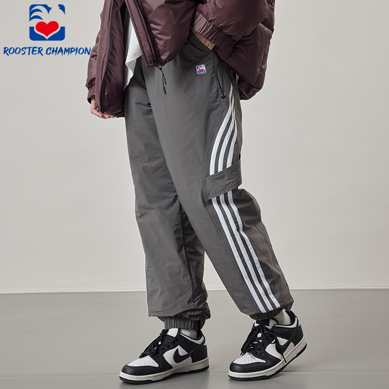 Rooster Champion down Pants for Men, New Winter Loose Fit, Dark Gray with Side Stripes, Thickened, Cuffed, Warm Long Pants for Outdoor Wear Rooster Champion down Pants for Men, New Winter Loose Fit, Dark Gray with Side Stripes, Thickened, Cuffed, Warm Long Pants for Outdoor Wear