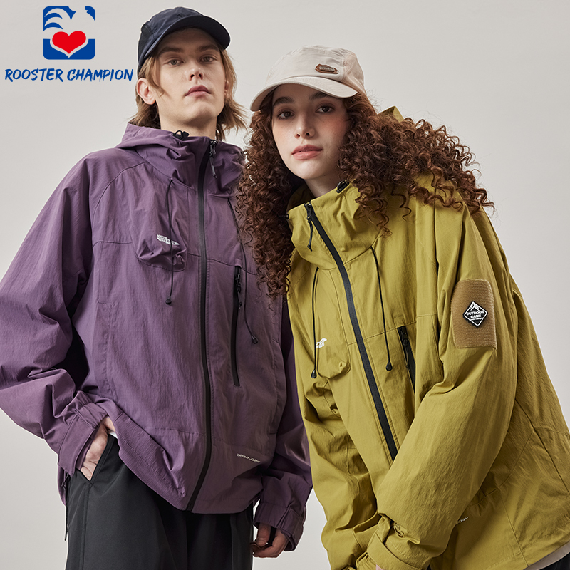 Rooster Champion Windbreaker Men's New Spring Purple Trendy Brand Hooded Mid-Length Stand Collar Couple's Outdoor Jacket