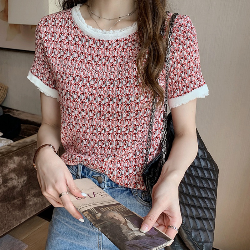 Short Sleeve T-shirt 2020 mùa xuân Outfit mới thời trang Vintage vòng cổ Ice Knit Siennch nữ Loose Half-Sleeve dưới Lên trên