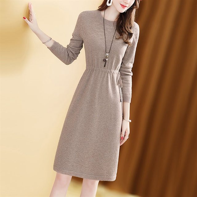 Spot wool knitted dress women fall/winter 2021 new style drawstring waist temperament bottoming sweater skirt mid-length