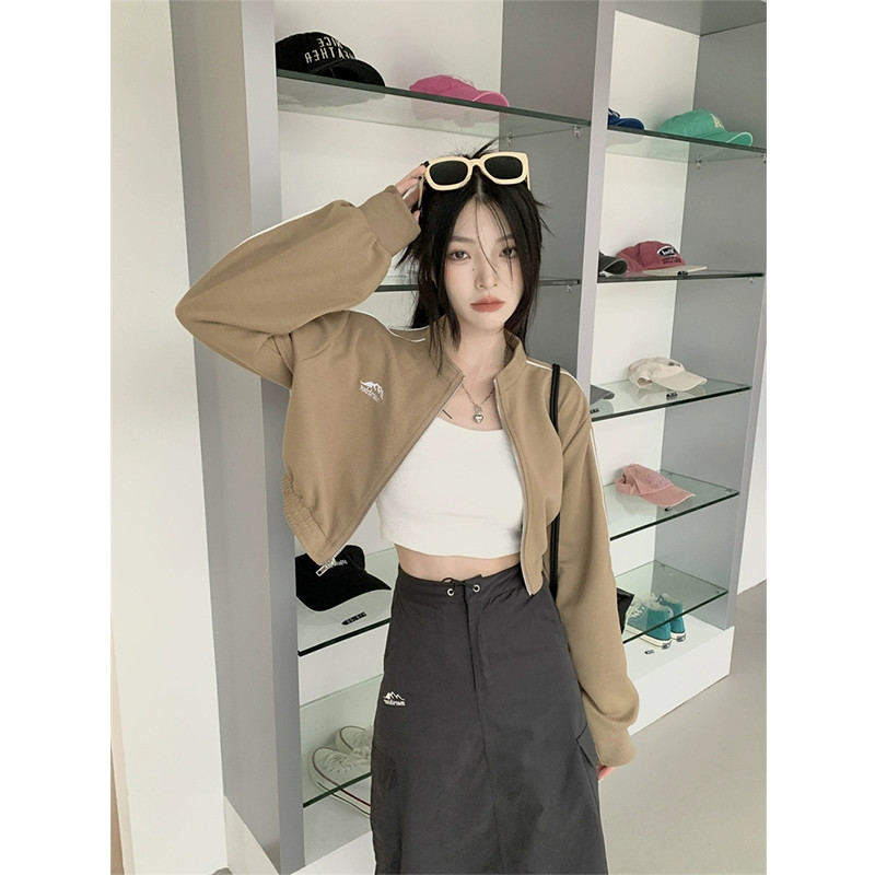 American-Style Spicy Girl Casual Sports Short Jacket for Petite Women, Autumn Loose Slimming Black Short Cardigan Top