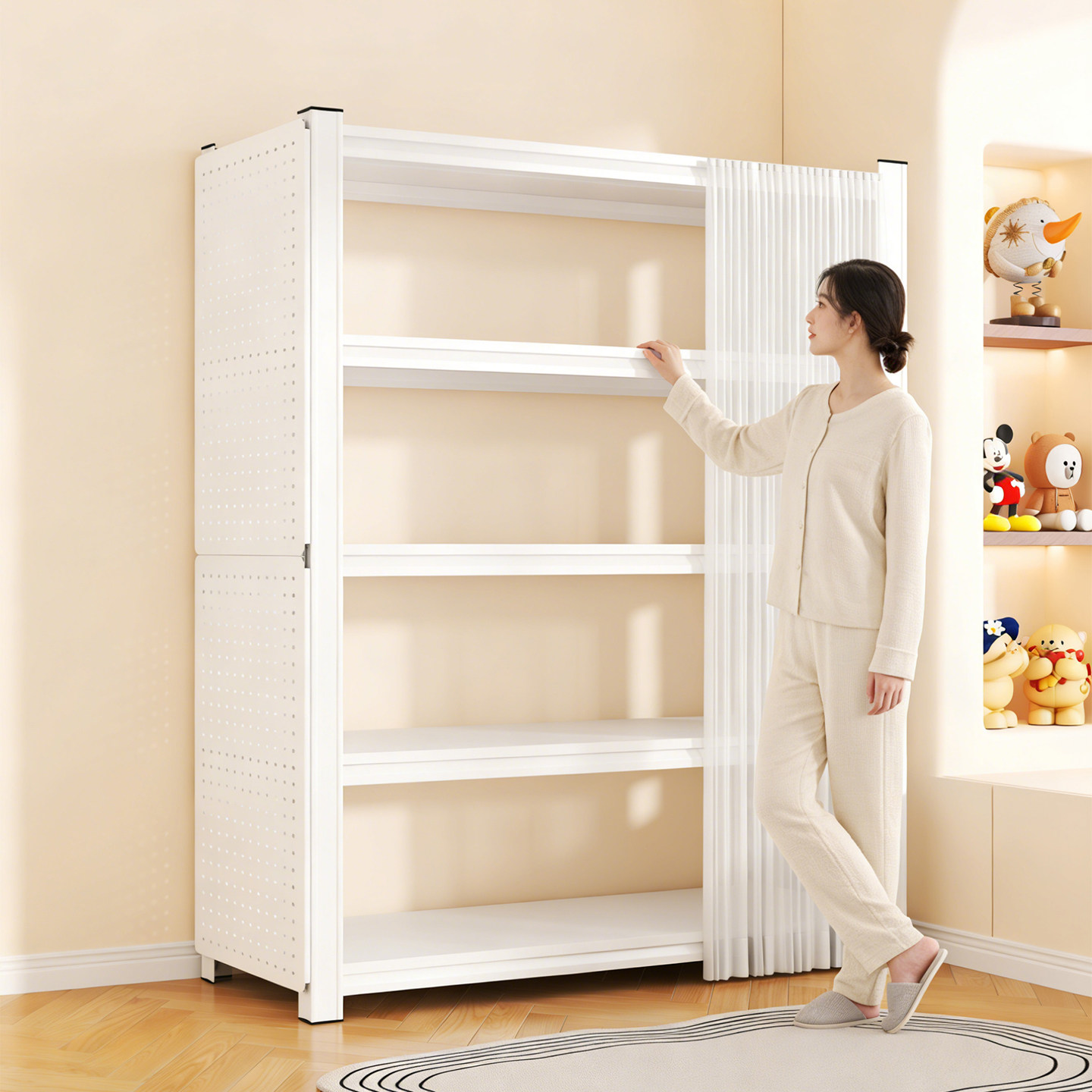 Household perforated board shelves with dust-proof curtains multi-layer storage racks storage racks living room bedroom balcony floor storage racks