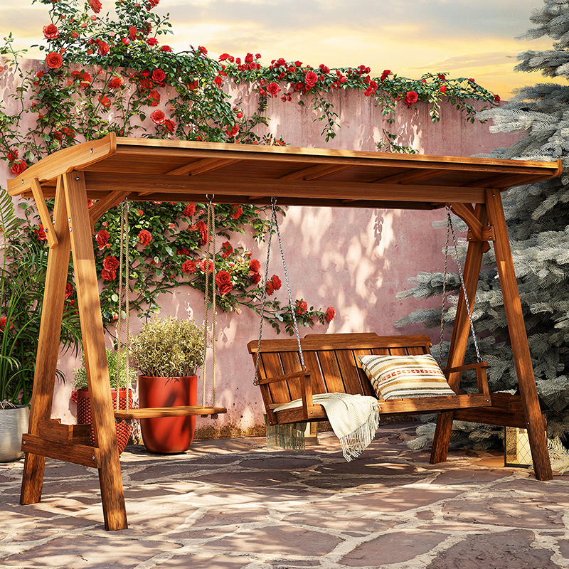 Embalming Wood Patio Outdoor Terrace Swing swing Outdoor Multi-Person Rocking Chair Yard Home Casual Solid Wood Autumn Thousands of Hanging Basket-Taobao