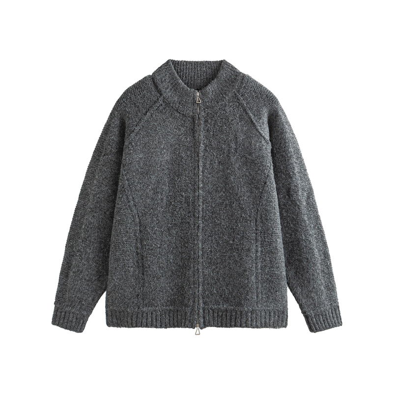 F329 American Style Stand-Up Collar Zipper Knit Cardigan for Men, Gray Loose Sweater, High-End Casual Top