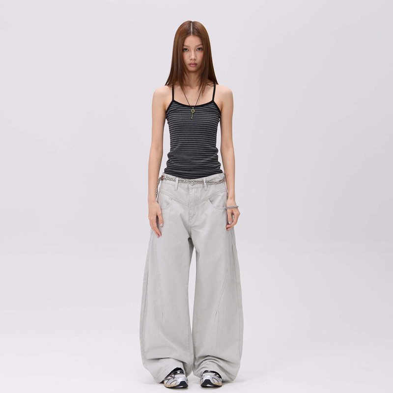 F329 American-Style Light Gray Scimitar Retro Patchwork Unisex Design Couple Loose Denim Cargo Pants