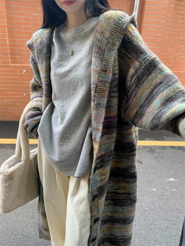 High-End Artistic Style Retro Color-Block Striped Hooded Coat Knitwear for Women, Autumn and Winter Thickened Long Cardigan Sweater