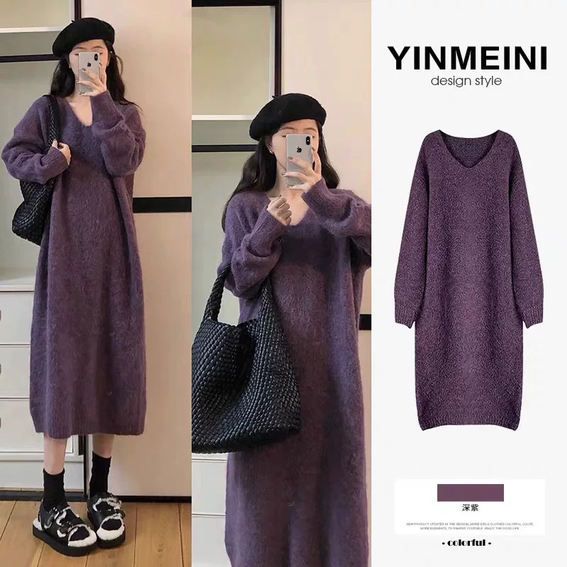 Soft and Cozy Sweater Dress, Lazy Style, Loose Straight Long Dress for Autumn and Winter, Paired with a Coat, V-Neck Knitted Base Dress for Women