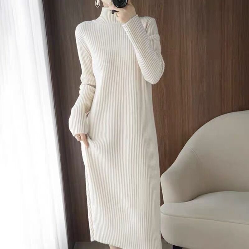 Ordos City Half-High Collar Mid-Length Loose-Fitting Sweater Dress with Thick Inner Knit Cashmere Dress