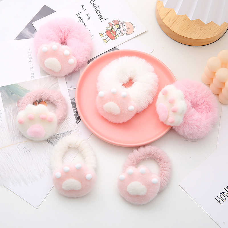 Day Ensemble Cartoon Cat Paw Plush Hair Circles Cute Teenage Girl Hearts Cat Feet Print Zapped Hair Rope Jk Double Matinins Hair Accessories