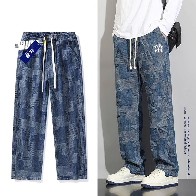 Outlet Spring and Autumn Straight-Leg Jeans for Men, American-Style Trendy Plaid Wide-Leg Long Pants, Loose Casual Pants for Men