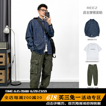 REEZ (shopkeeper wears a hitch) spring and autumn denim shirt male loose tide sign day series retro long sleeve cardiovert shirt woman