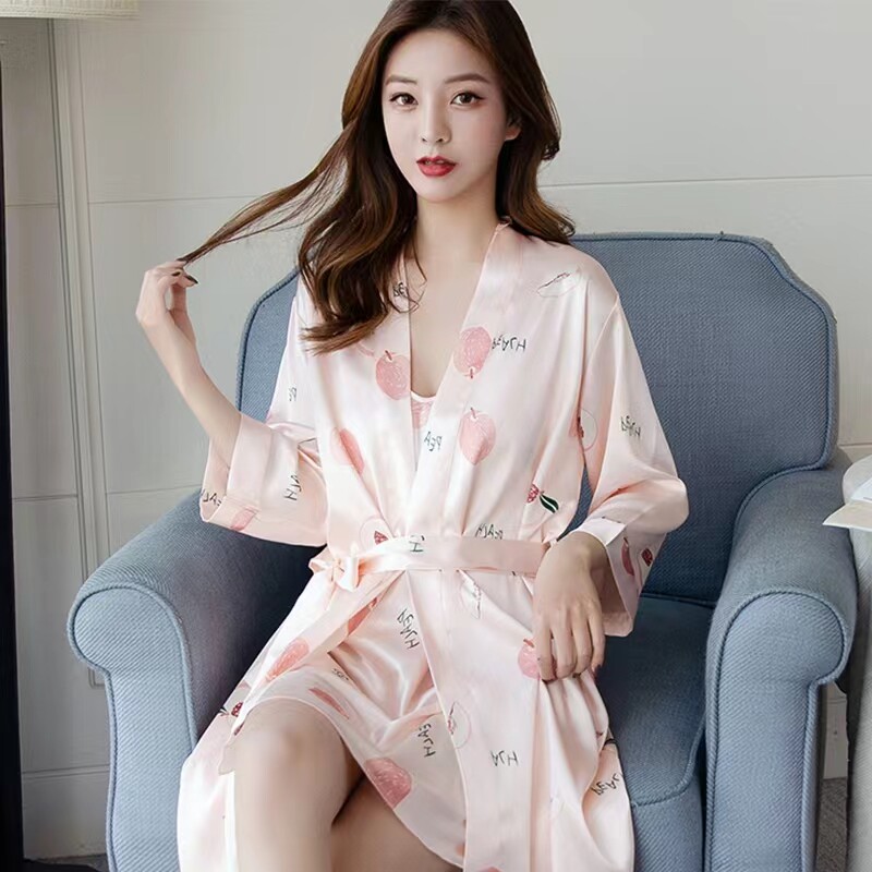 Silk pajamas Spring and summer New thin sling, sexy beautiful print sleepy dress temperament two pieces of home suit