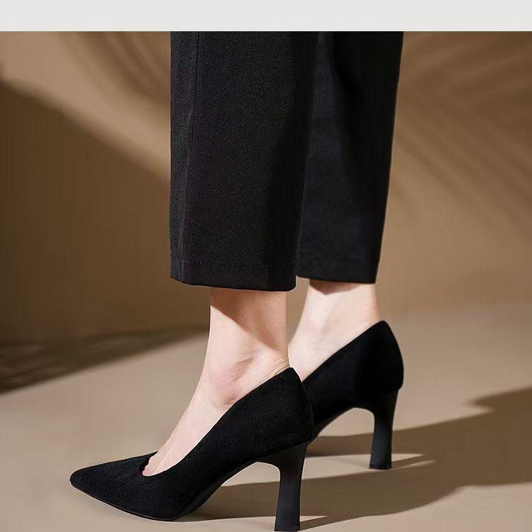 French-Style High-Heeled Shoes for Women, Thick Heel, Suede, Soft Sole, Comfortable for Feet, Suitable for Flight Attendants, Formal Wear, Commuting, Professional Black Work Shoes, Single Shoes