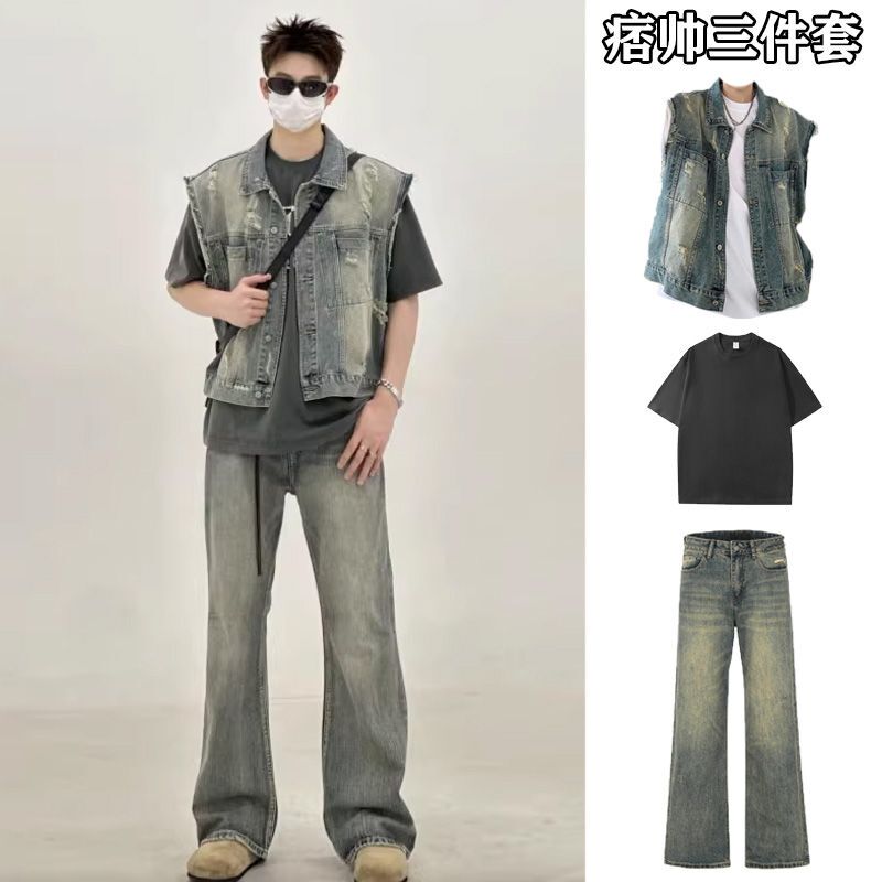 [Set] Summer New Denim Vest Jacket Men's Distressed Sleeveless Waistoutwear Vest Thin Vest Three-Piece Set