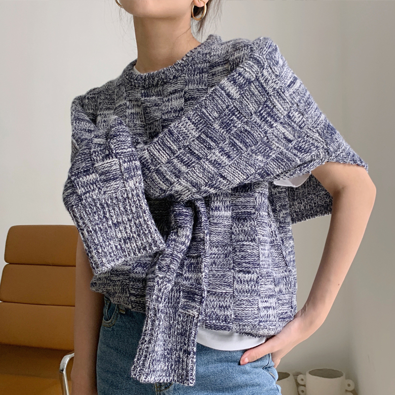 Taupe store stereo woven grid mixed lamb outline sweater two pieces fake