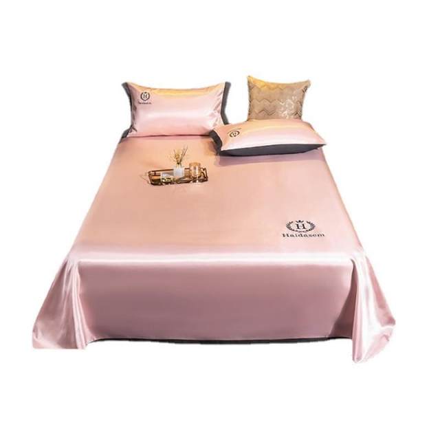 Ice silk mat three-piece set solid color embroidered bed sheet cool mat naked sleeping summer machine wash air conditioning mat two-piece set