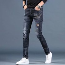 2021 new summer mens high-end hole embroidered jeans mens Tide brand Slim small feet tight casual pants