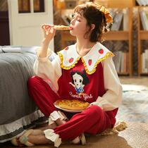 Autumn pajamas female thin junior high school student girl cute cartoon long sleeve spring and autumn cotton home suit suit