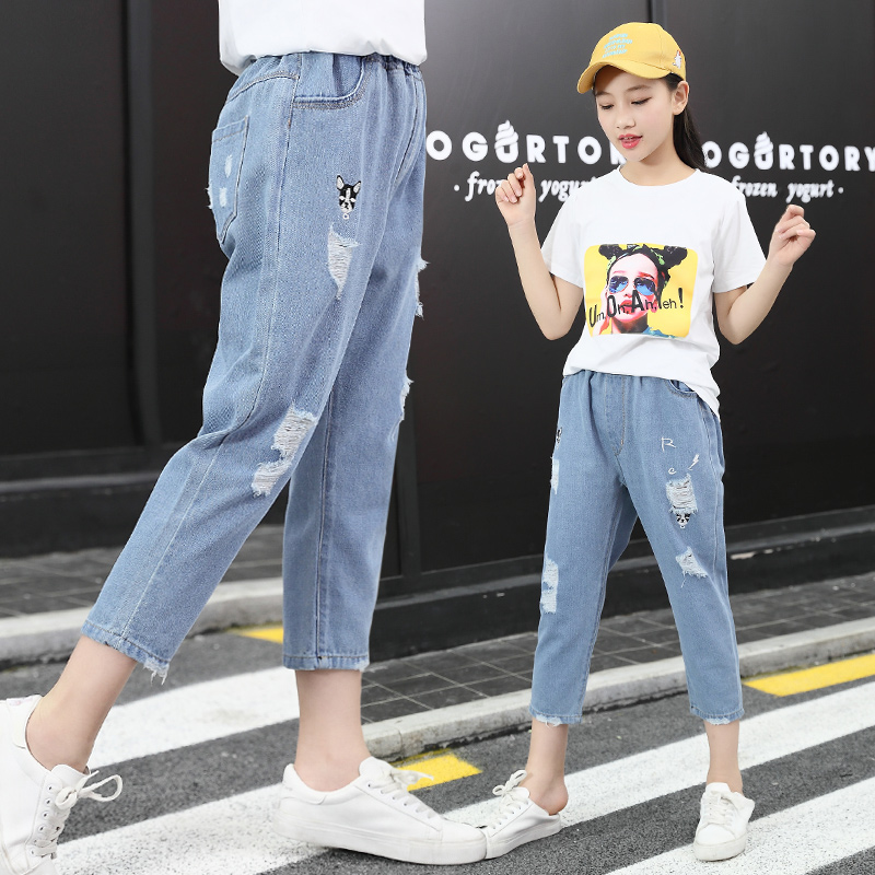 bảy điểm quần mùa hè Girls cô gái mỏng xé quần jeans 12 tuổi 10 trẻ em quần trong quần cậu bé lớn.