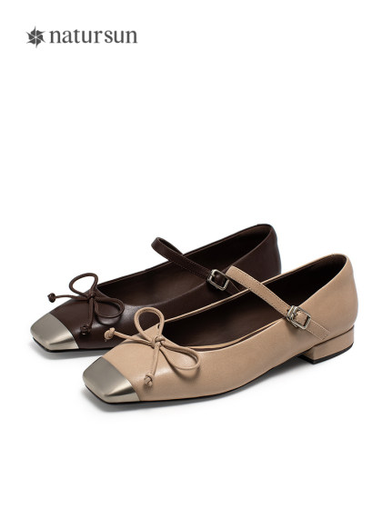 natursun新中式玛丽珍鞋女2025春季新款超软小羊皮蝴蝶结浅口单鞋