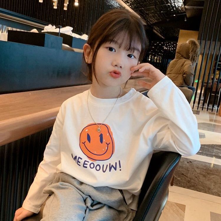 Girls White T-shirt Children's long-sleeved smiley face T-shirt spring 2021 spring and autumn new medium and large children's top base shirt
