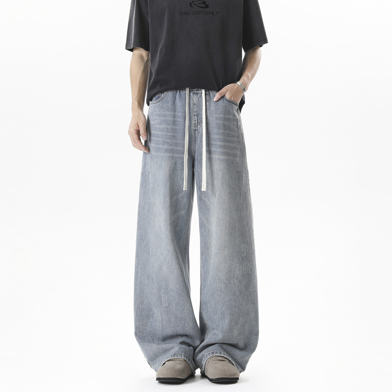 Phoenix Yz Retro Washed Distressed Elastic Waist Drawstring Jeans Men's Summer Thin Loose Straight Pants Phoenix Yz Retro Washed Distressed Elastic Waist Drawstring Jeans Men's Summer Thin Loose Straight Pants