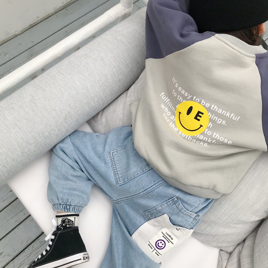 Boys smiling face plus velvet thick cotton T2021 new children's autumn and winter pullovers children's warm tops