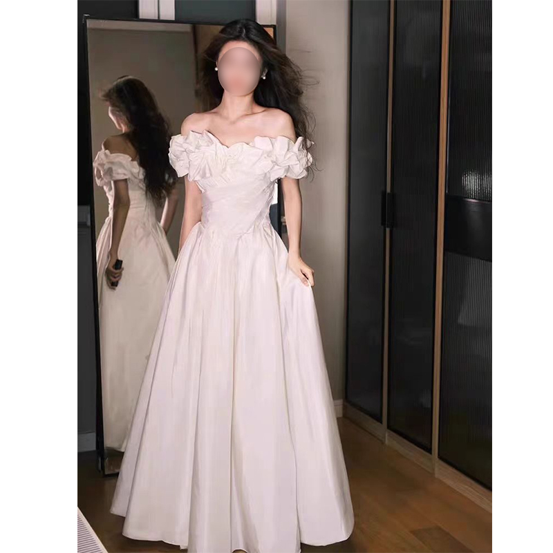 White Engagement Evening Dress, French Off-Shoulder Style, Graduation 18Th Birthday Student Day Coming-Of-Age Ceremony, Art Exam Princess Dress, Light Wedding Dress