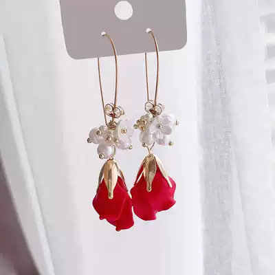 Korean fashion rose petal earrings female pearl ear buckle drop earrings personality long version temperament high-end net red earrings
