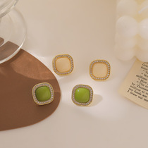 Bull Oil Fruits Green Square Flash Drilling Earrings Korea Temperament Cold Wind Style Retro Pearl Earrings Pendant Ear Ornaments