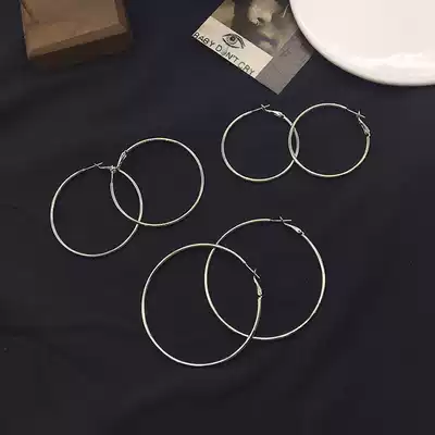 Korean personality wild simple silver size ring earrings retro ring circle earrings earrings women's trend earrings