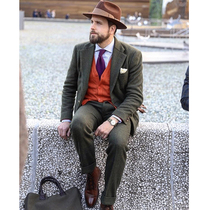 Classic vintage tweed wool blazer men autumn and winter fish bone grain tweed slim fit suit with suit