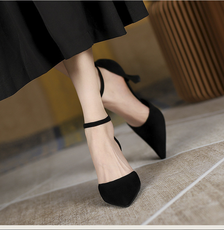 One word belt black high heels women's stiletto heels 2022 new spring and summer nude color pointed toe hollow shoes with skirt